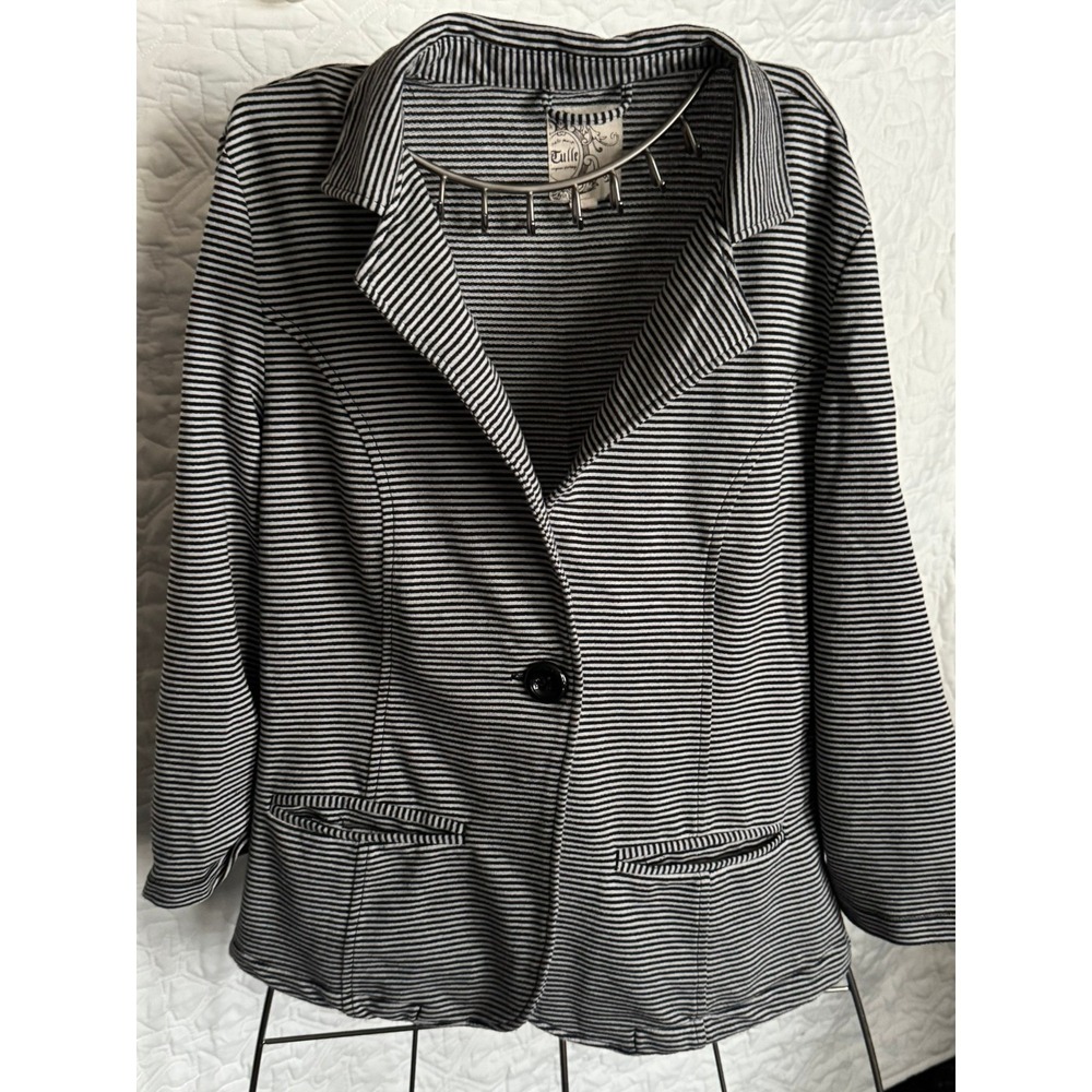 Tulle Womens Striped Knit Blazer Jacket Black White Single Button Size L J7798FT